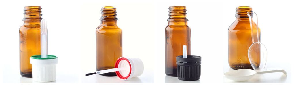 Pipette, brush, drip dispenser & measuring spoon fill glass vials for essential oils